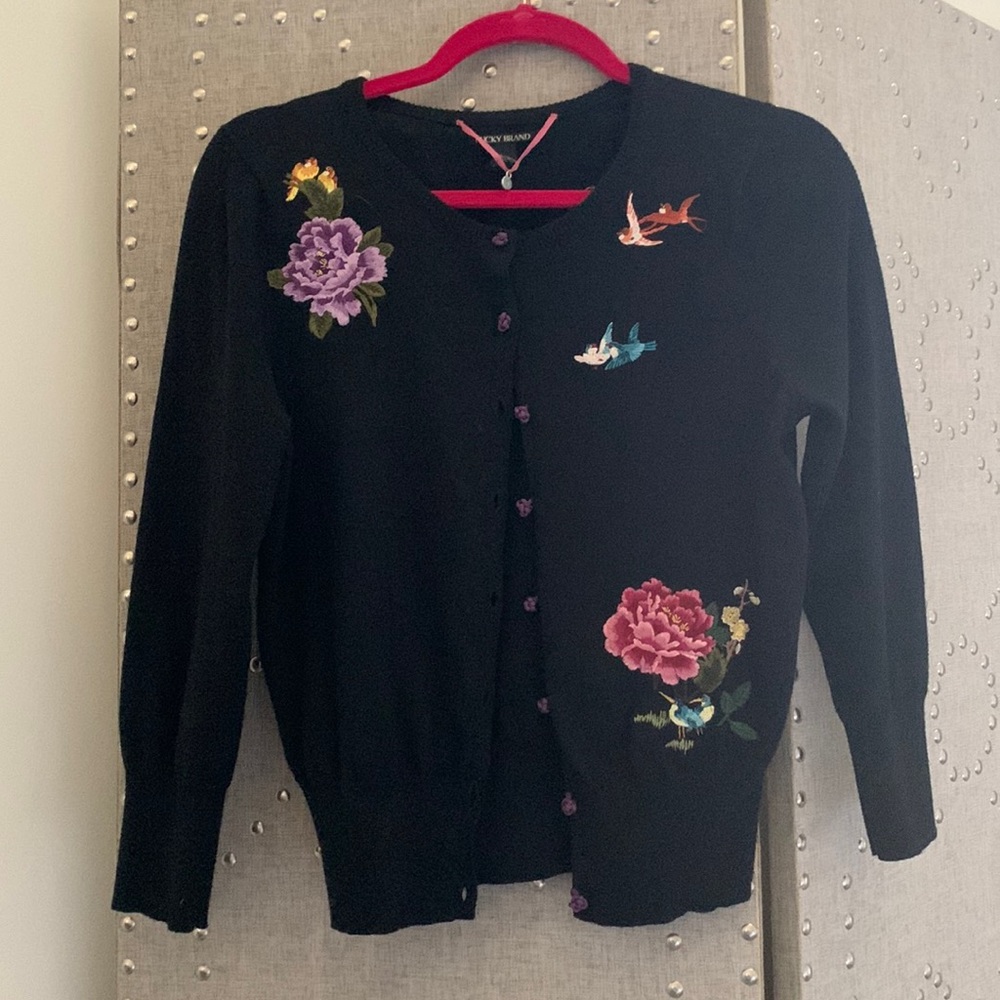 Lucky Brand Size Medium Embroidered Bird Cardigan